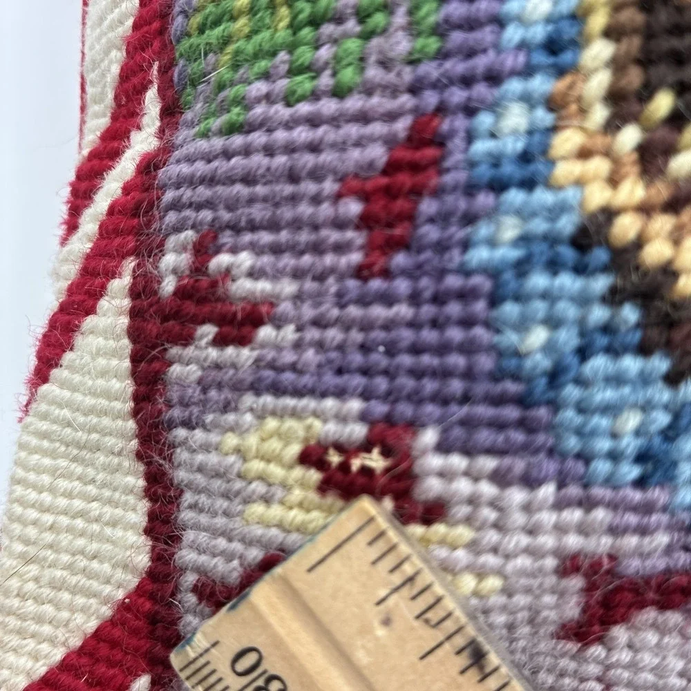 Vintage Christmas Needlepoint Pillow Golden Retriever Puppy in Boot Red Velvet